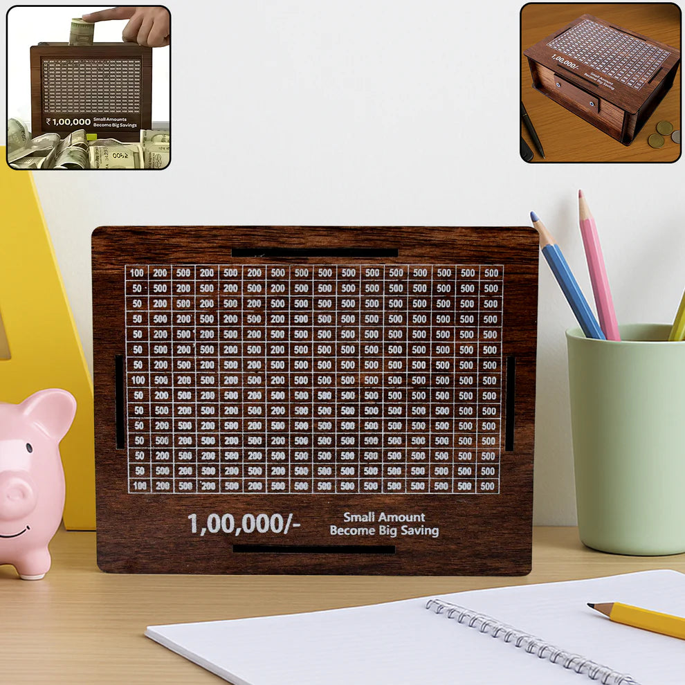 Wooden Money / Piggy Bank, Money Box with Carved Design