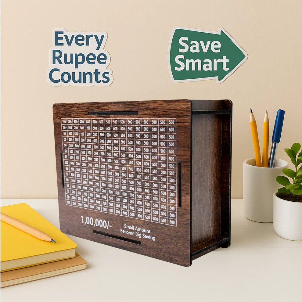 Wooden Money / Piggy Bank, Money Box with Carved Design