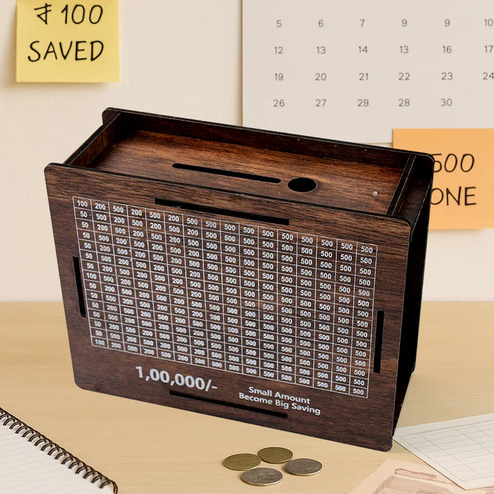 Wooden Money / Piggy Bank, Money Box with Carved Design
