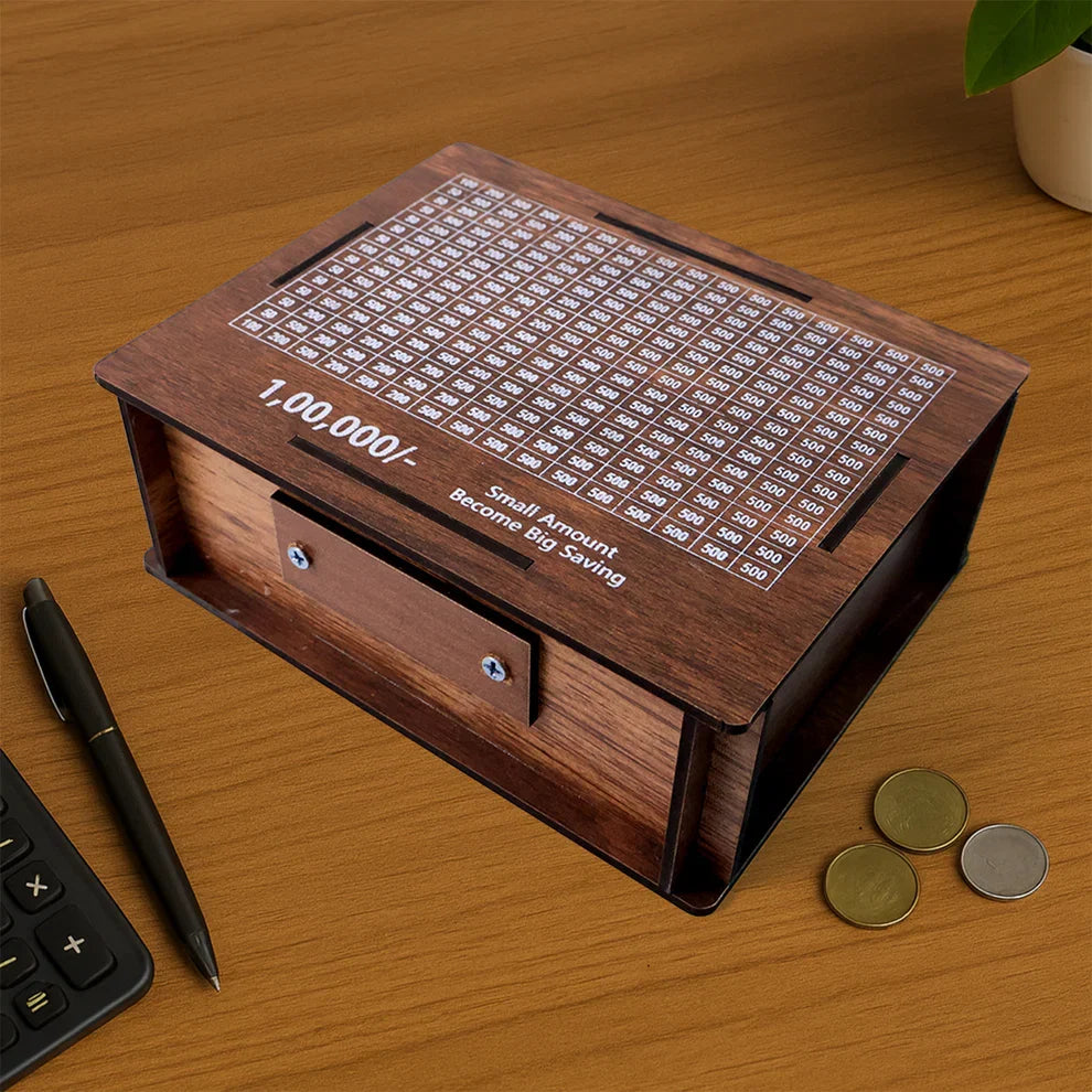 Wooden Money / Piggy Bank, Money Box with Carved Design